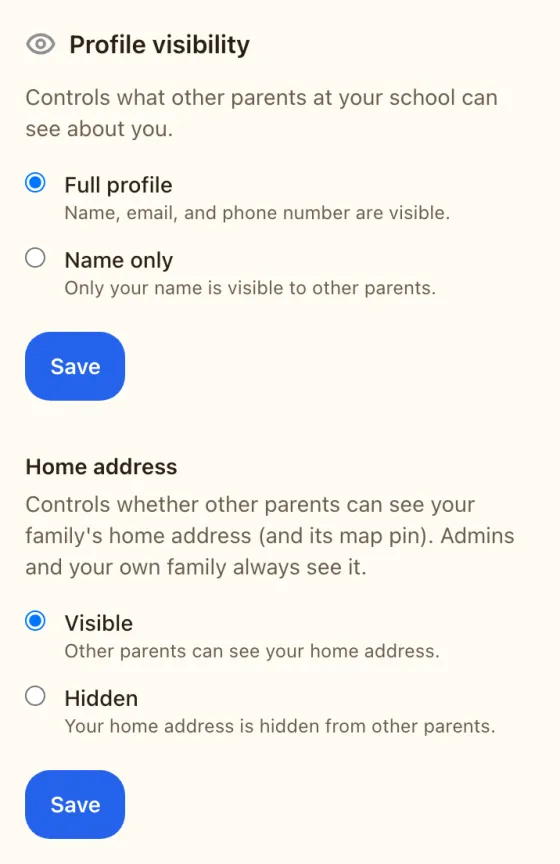 Account settings on the web showing the Profile visibility choice between Full profile and Name only.