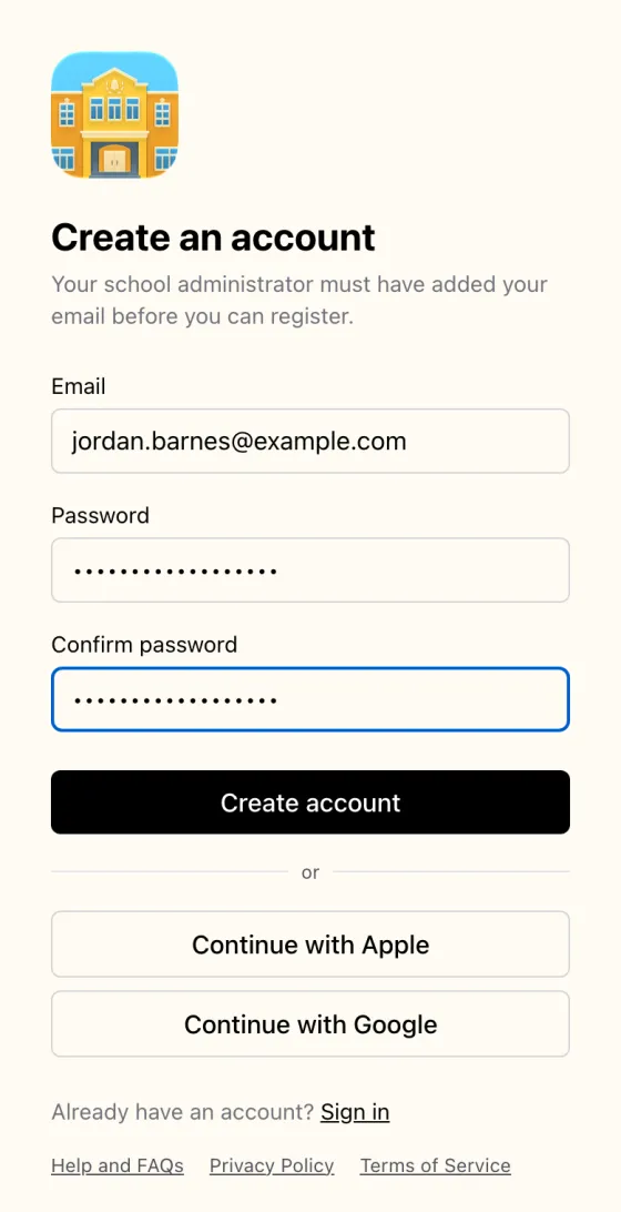 The Create an account page on the web, with email, password and confirm password fields.